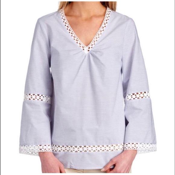 Peck & Peck Striped Print Crochet Trim Top Size XS - Picture 1 of 7